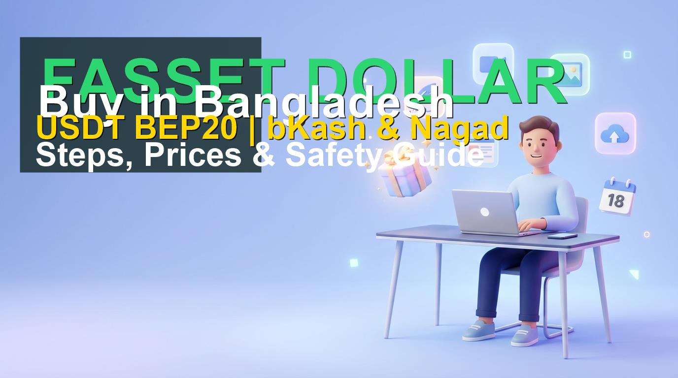 Freelancer in Bangladesh using a digital wallet app with a dollar coin, chain-link icon, and shield