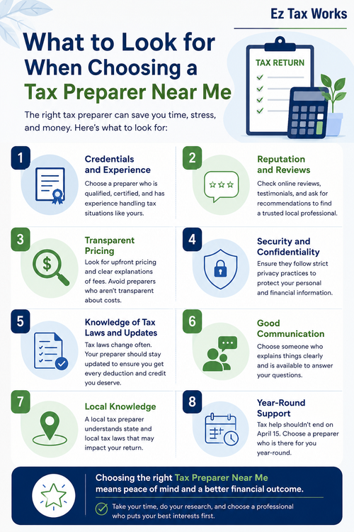 Choosing the right Tax Preparer Near Me can make tax filing simple, accurate, and stress-free. Before hiring a professional, check their qualifications, experience, customer reviews, pricing transparency, and knowledge of current tax laws. A reliable tax preparer should protect your personal information, explain tax-related matters clearly, and help you identify eligible deductions and credits. Local expertise and year-round support are also important when selecting the right professional for your needs. Ez Tax Works helps individuals and businesses navigate tax preparation with confidence. Research your options carefully and choose a trusted tax preparer who prioritizes accuracy, transparency, and your financial goals. https://www.eztaxworks.com/tax-services.html