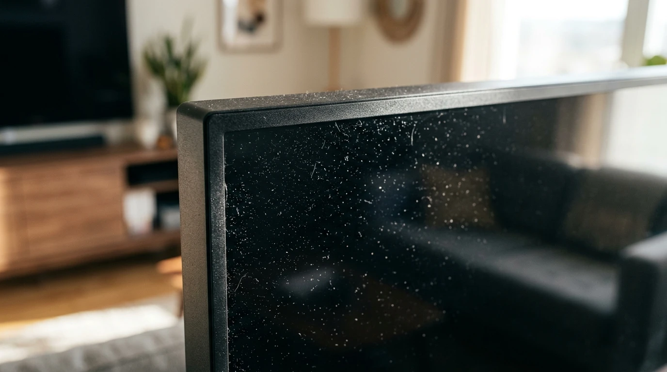 건조한 겨울철 거실 TV 화면 표면에 정전기 인력으로 인해 미세먼지와 보풀이 자석처럼 빽빽하게 흡착되어 있는 디테일 접사 사진