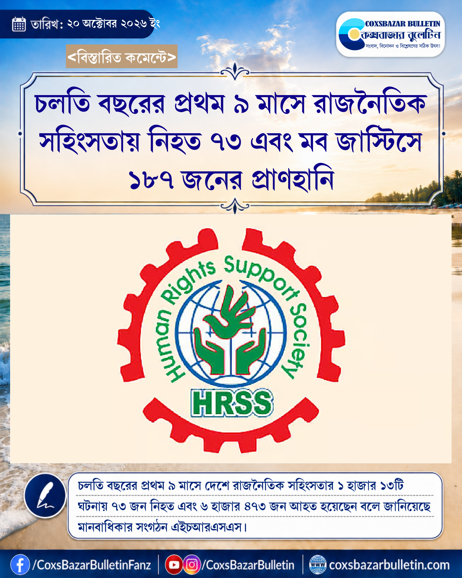 চলতি বছরের প্রথম ৯ মাসে রাজনৈতিক সহিংসতায় নিহত ৭৩ এবং মব জাস্টিসে ১৮৭ জনের প্রাণহানি
