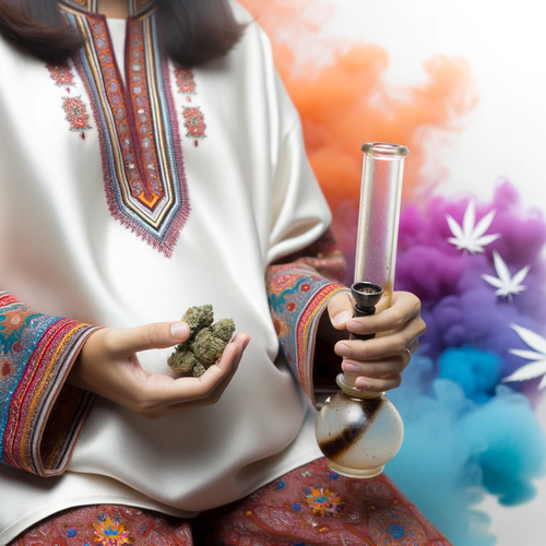 DALL·E 2023 10 16 13.37.07 Photo of a pregnant woman holding a bong, suggesting the aroma of marijua.png