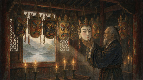 皖南昭明太子庙里被捧起的傩面