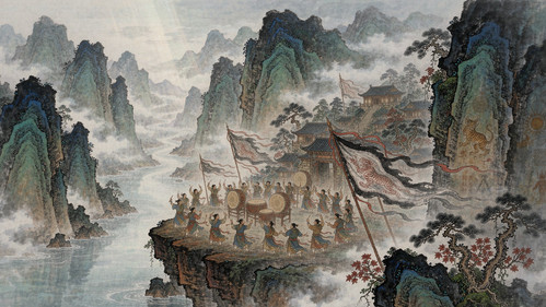 清江夷城土家先民击鼓与虎旗