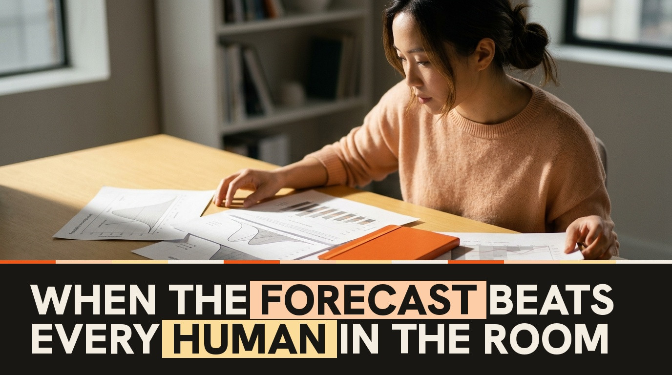 Editorial still-life photograph of probability charts and forecasting documents beside an orange pen and a coffee cup on a warm ivory desk surface