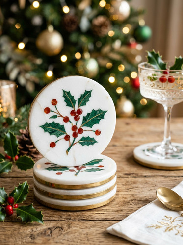 11 Marble Pietra Dura Holly Coaster Set.jpg