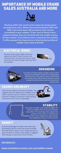 In this infograpic, we discuss the importance of mobile crane sales Australia and more.  
If you are looking for a mobile crane sales Australia? Get a platform to buy crane hire rates Sydney. Mantikore cranes offer outstanding Mobile Crane, servicing CBD and outer regions such as Blue Mountains, Central Coast, Wollongong and regional NSW. If you are looking for a prompt and professional Crane Hire Service, then simply contact us! Whether its a domestic housing market or large complex construction, we have the fleet. Our variety of machines range from Mini Crawlers, Pick & Carry (Franna type) including All Terrain Cranes large and small. Also, get effective solutions for any requirements of your projects for the best price & service, contact us at:  https://mantikorecranes.com.au/mobile-cranes/