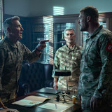 War Machine. (L-R) Dennis Quaid as Sheridan, Esai Morales as Torres and Alan Ritchson as 81 in War M