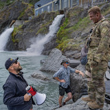 War Machine. (Featured L-R) Director Patrick Hughes and Alan Ritchson as 81 on the set of War Machin