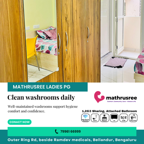 Clean washrooms improve daily comfort at Mathru Shree PG for Ladies.