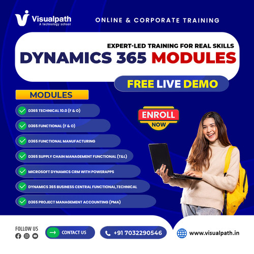 This is not shortcut learning.
It is structured, enterprise-level training designed around real-world use cases.
At #Visualpath, you gain deep understanding and practical exposure across core D365 modules.
Program Includes
🔹 D365 Technical 10.0 (F&O)
🔹 D365 Functional (F&O)
🔹 Manufacturing & SCM (T&L)
🔹 Microsoft Dynamics CRM with PowerApps
🔹 Business Central (Functional & Technical)
🔹 D365 Project Management Accounting (PMA)
Training Advantages
✅ Scenario-based live projects
✅ Trainers with hands-on project background
✅ Skills aligned with current industry needs
Train once. Perform from day one.
📲WhatsApp: https://wa.me/c/917032290546 
🌐Visit: https://www.visualpath.in/online-microsoft-dynamics-ax-technical-training.html 
📝Visit our Blog: https://visualpathblogs.com/category/d365-ax-technical/