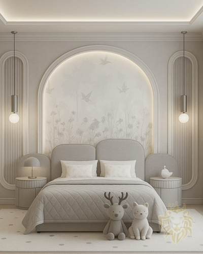 Neutral Luxury Kids Bedroom Design with Arched Wall and Soft Ambient Lighting.png