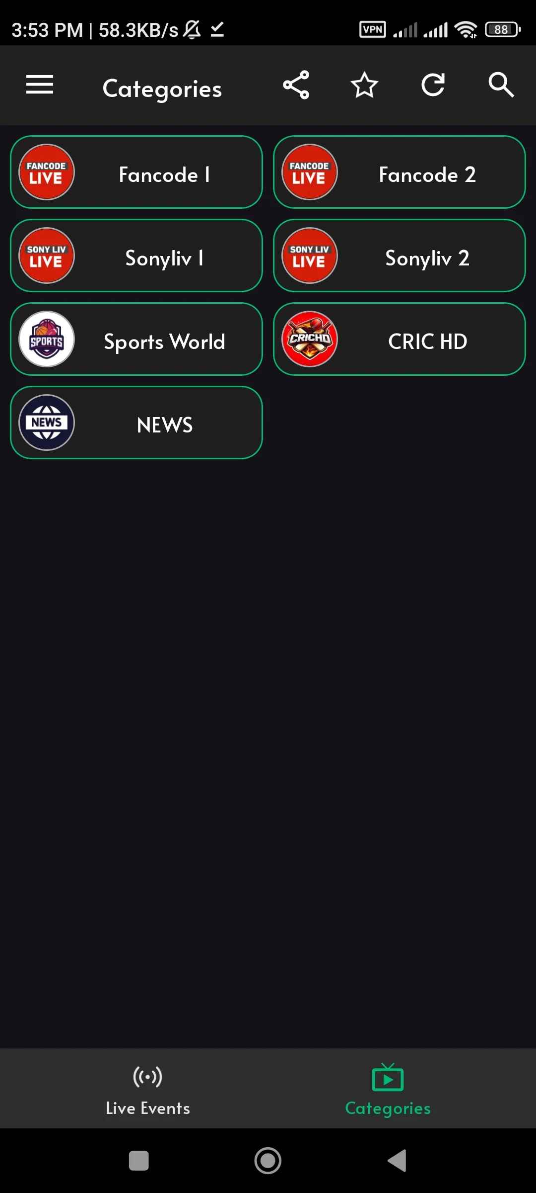 CRICPK TV channel guide with sports, news, and entertainment categories