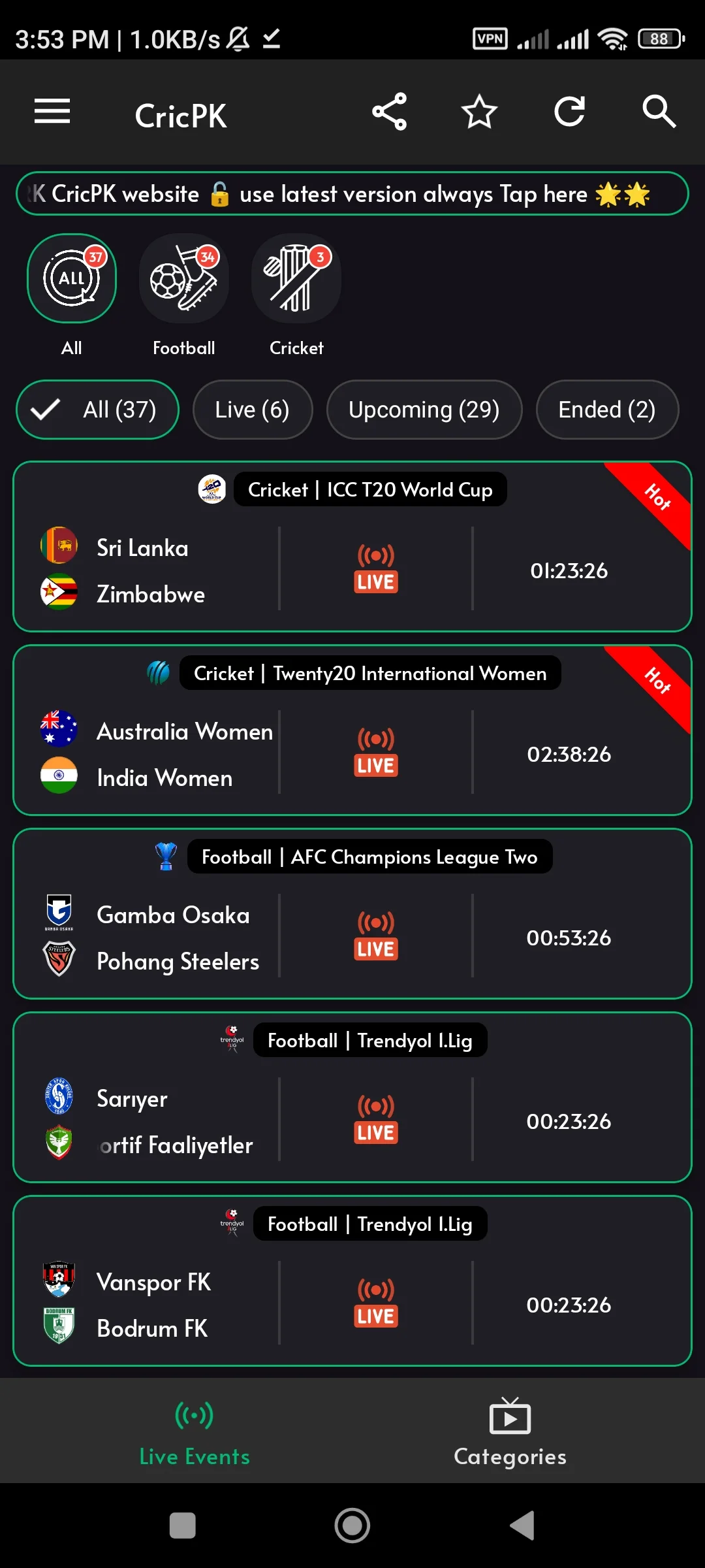 CRICPK TV app interface showing live cricket match streaming