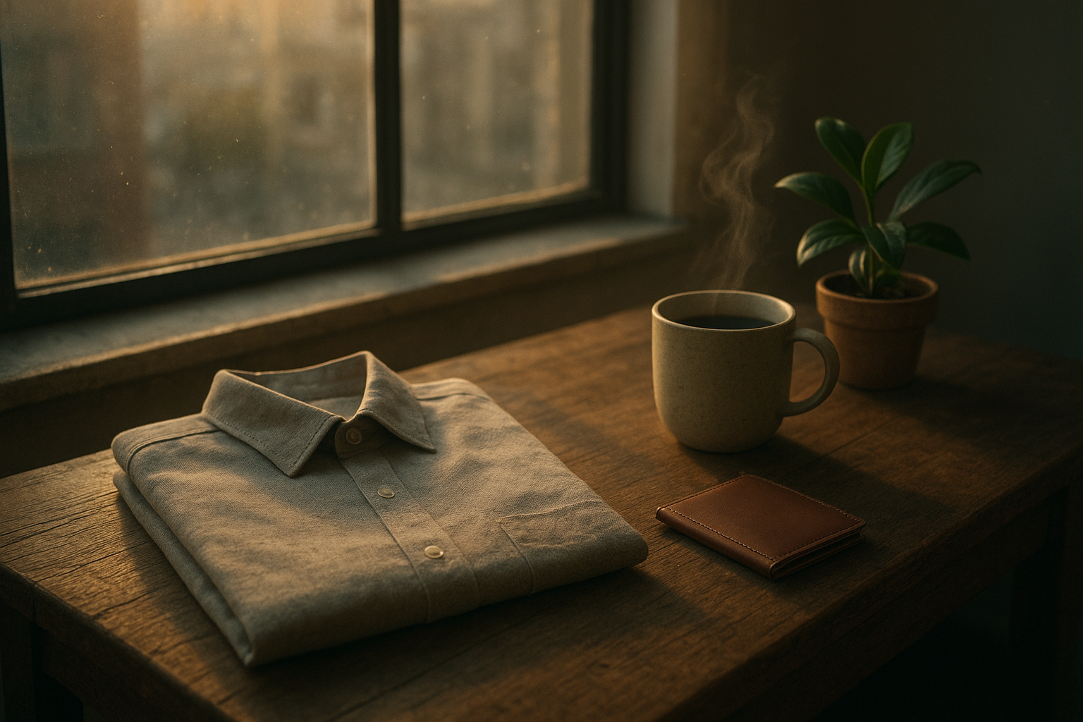 A photorealistic lifestyle scene in a sunlit studio apartment: a rustic wooden table near a window with soft golden-hour light; on the table, a neatly folded linen shirt with visible weave texture, a minimalist leather wallet, a ceramic mug with steam curling upward, and a small potted plant with glossy leaves. The composition uses the rule of thirds, with leading lines from the window frame drawing the eye to the product. Shallow depth of field f/2.0, cinematic color grading with warm highlights and cool shadows, subtle dust particles backlit, and soft, diffused shadows. The mood is calm, aspirational, and editorial, evoking a Sunday morning ritual.