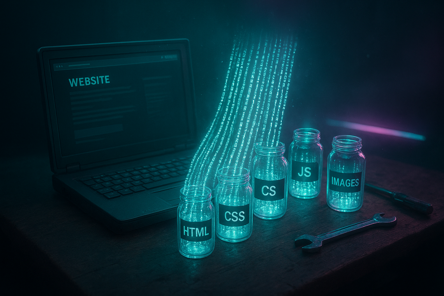 A moody, photorealistic scene of a vintage laptop on a wooden workbench at night. Streams of luminous code pages pour from a sleek website mockup into labeled glass jars: HTML, CSS, JS, and IMAGES. Retro-futuristic neon lights, shallow depth of field, soft fog, dust motes in the air, reflective metal tools nearby, teal-and-violet color palette, 8k hyperrealism, cinematic top-down composition.