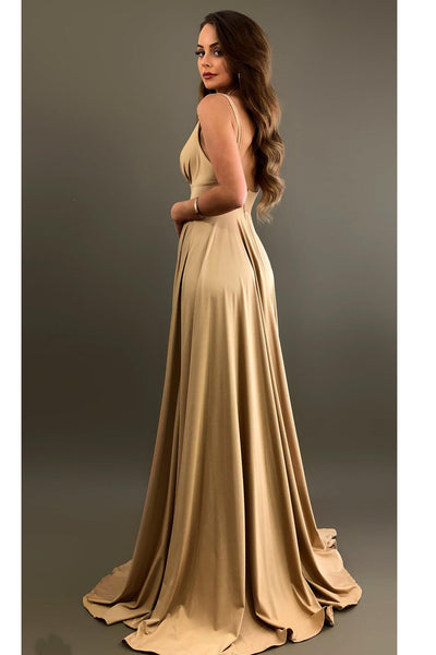 sexy v neckline a line champagne bridesmaid gown with side slit 1 grande.jpg
