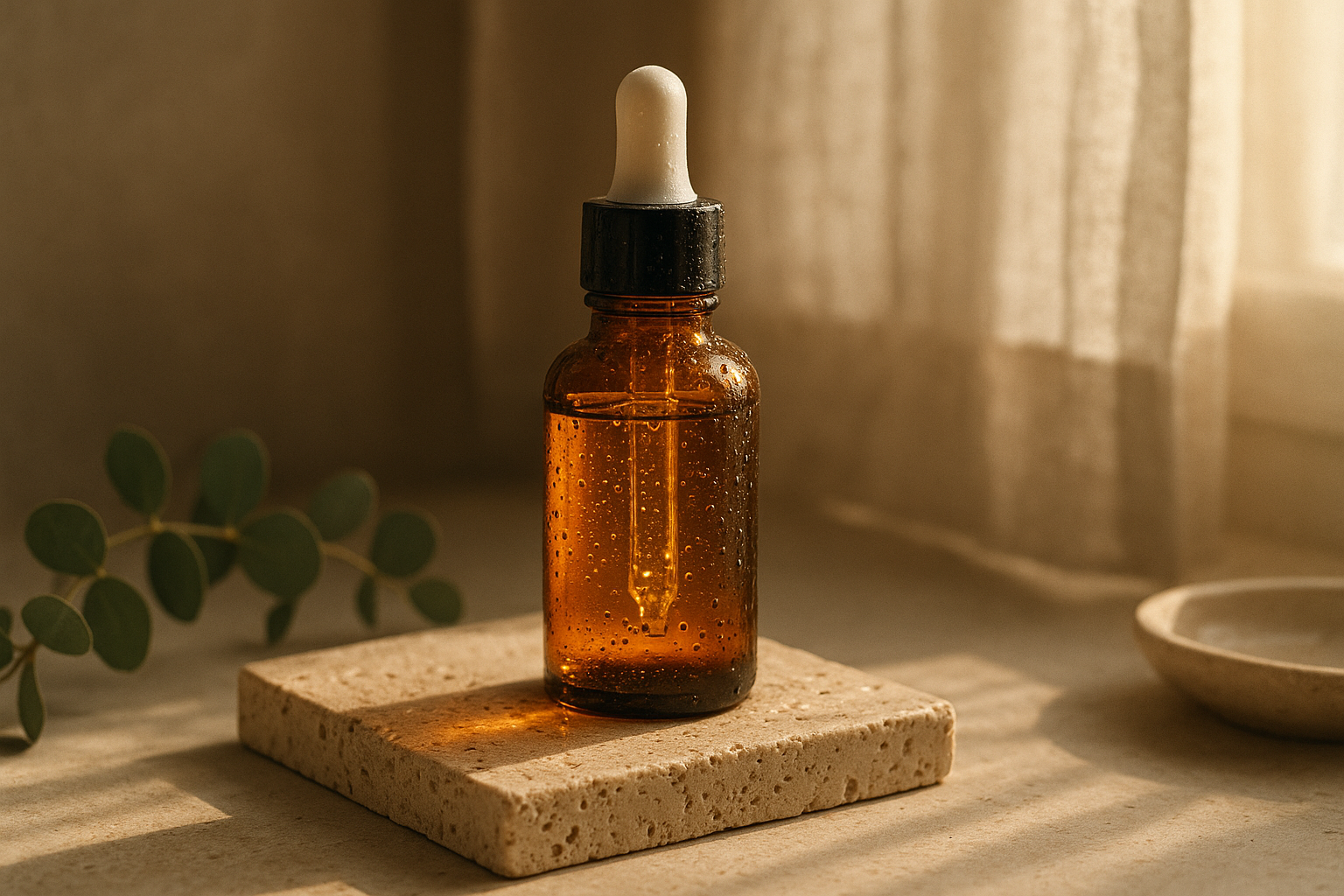 Hyperreal lifestyle scene of an amber glass skincare serum bottle on a warm travertine plinth near a softly lit bathroom window. Golden-hour rim light kisses the bottle edges; translucent dropper shows viscous liquid with micro-bubbles. Dappled shadows from sheer linen curtains fall across the stone. Eucalyptus sprigs and a ceramic dish add subtle props; tiny water droplets bead on the glass. 85mm lens look, shallow depth of field f/2, soft film grain, high micro-contrast, neutral-beige palette, negative space on the right, editorial styling, no text, no branding.