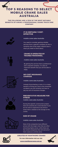 In this infographic, we discuss a few of the most notable benefits of hiring a professional crane truck hire company.

If you are looking for a mobile crane sales Australia? Get a platform to buy crane hire rates Sydney. Mantikore Cranes is a cranes specialist with over 20 years of experience in the construction industries. We Provide the best cranes for sale or hire. Our Crane is highly being used at construction sites to make the entire work stress-free and increase productivity. We are providing Tower Cranes, Mobile Cranes, Self-Erecting Cranes, and Electric Luffing Cranes. Our professionals will provide you with effective solutions and reliable services that can help you to solve technical problems that might occur sometimes. Also, get effective solutions for any requirements of your projects for the best price & service, visit our website today! 

Contact us at

•	Website: https://mantikorecranes.com.au/mobile-cranes/
•	Call us on 1300626845
•	Address:  PO BOX 135 Cobbitty NSW, 2570 Australia
•	Email:  info@mantikorecranes.com.au 
•	Opening Hours:  Monday to Friday from 7 am to 7 pm