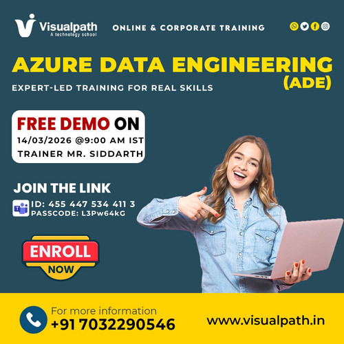 Kickstart Your Career in Azure Data Engineering!
Join a FREE Live Demo Session by Visualpath and explore the fundamentals of Azure Data Engineering with guidance from an experienced industry professional.
Demo Details:
Date: March 14, 2026
Time: 9:00 AM IST
Trainer: Mr. Siddharth, 
Join Here: https://teams.microsoft.com/meet/4554475344113?p=ZJrjOdVVaRaQleQmEO 
Meeting ID: 455 447 534 411 3
Passcode: L3Pw64kG
Topics Covered:
✔ Azure Data Factory
✔ Azure Synapse Analytics
✔ Azure Databricks
✔ Power BI
Seats are limited!
Register now: +91-7032290546 (Call or WhatsApp)
Course Info: https://www.visualpath.in/online-azure-data-engineer-course.html