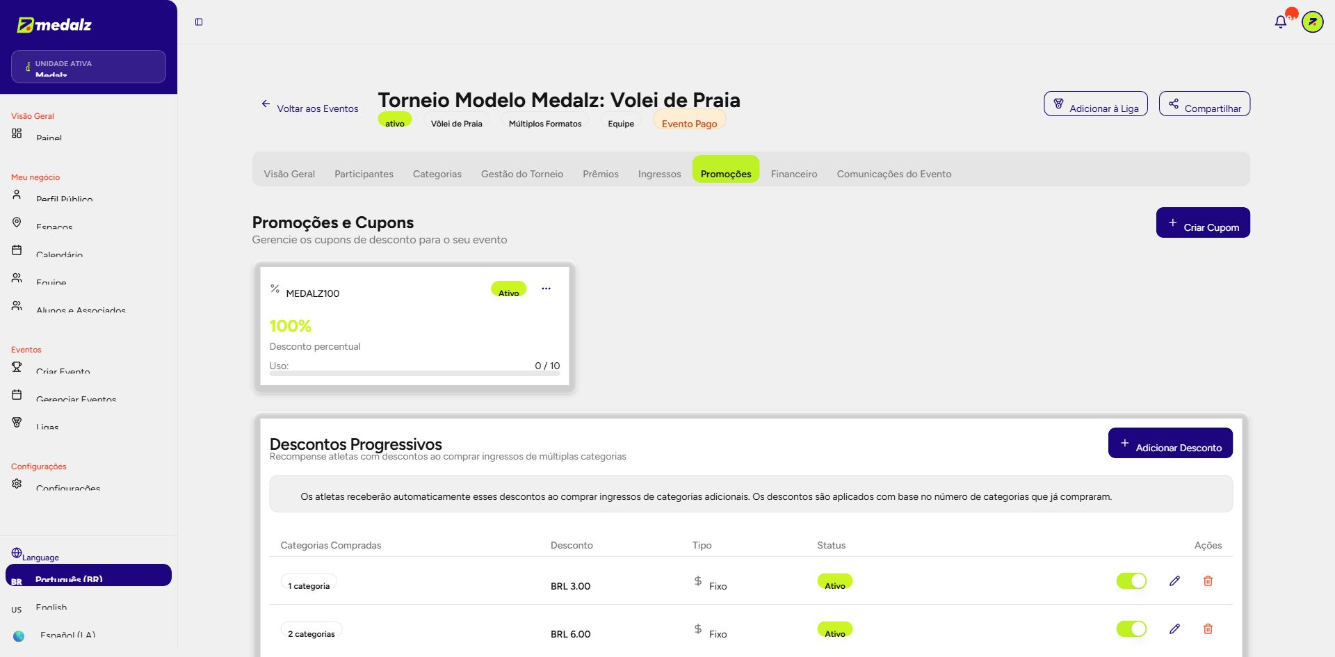 Campos de configuração do desconto progressivo