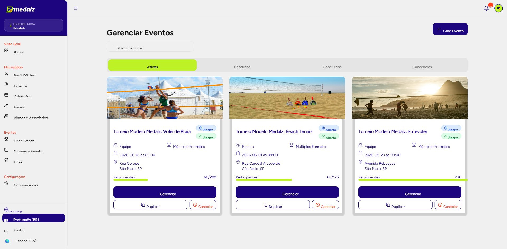 Gerenciar Eventos — cards com botões Gerenciar, Duplicar e Cancelar