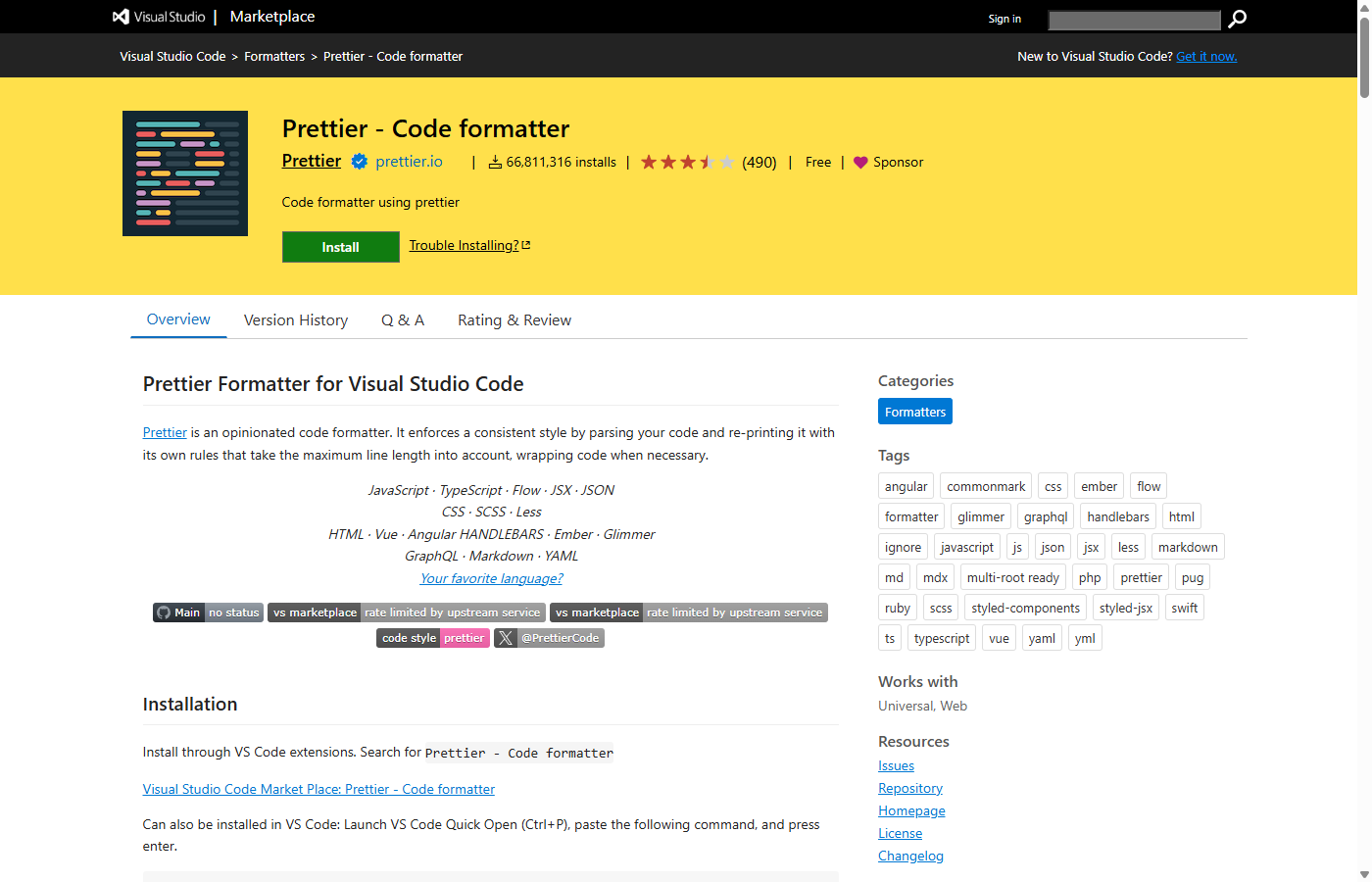 VS Code Prettier 확장 프로그램 마켓플레이스 화면