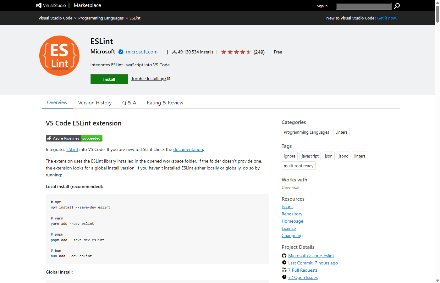 VS Code ESLint 확장 프로그램 마켓플레이스 화면