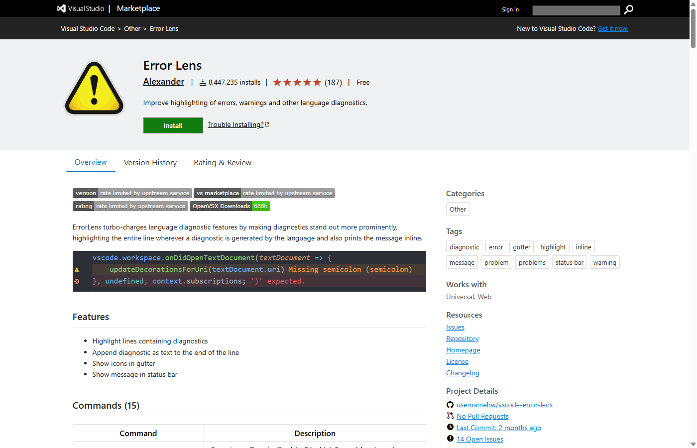 VS Code Error Lens 확장 프로그램 마켓플레이스 화면