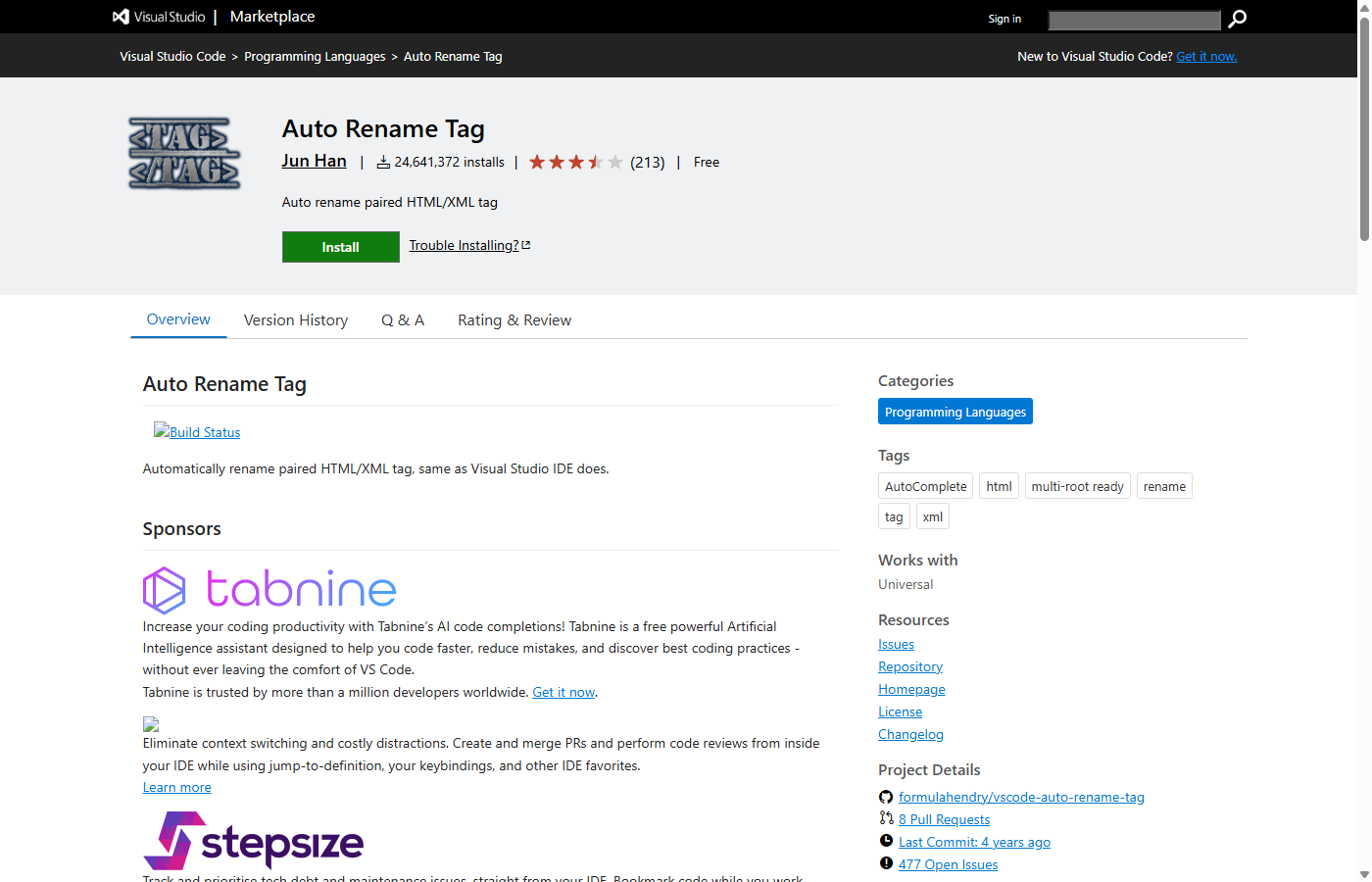 VS Code Auto Rename Tag 확장 프로그램 마켓플레이스 화면