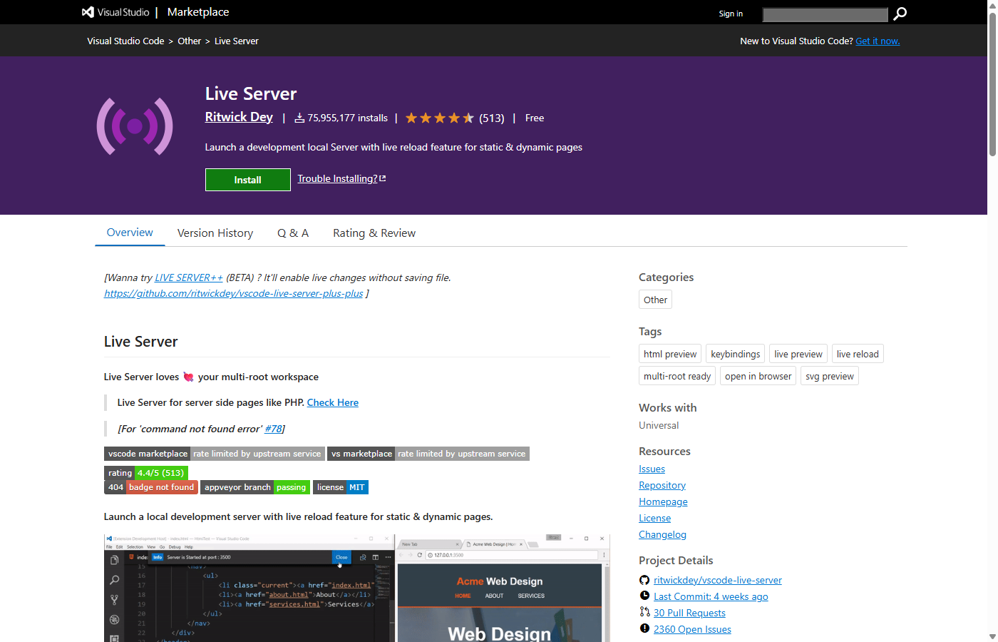 VS Code Live Server 확장 프로그램 마켓플레이스 화면