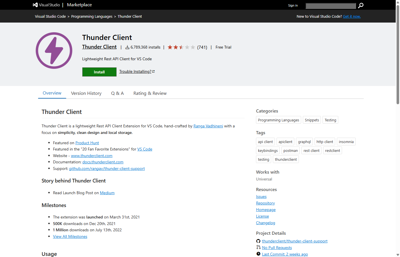 VS Code Thunder Client 확장 프로그램 마켓플레이스 화면