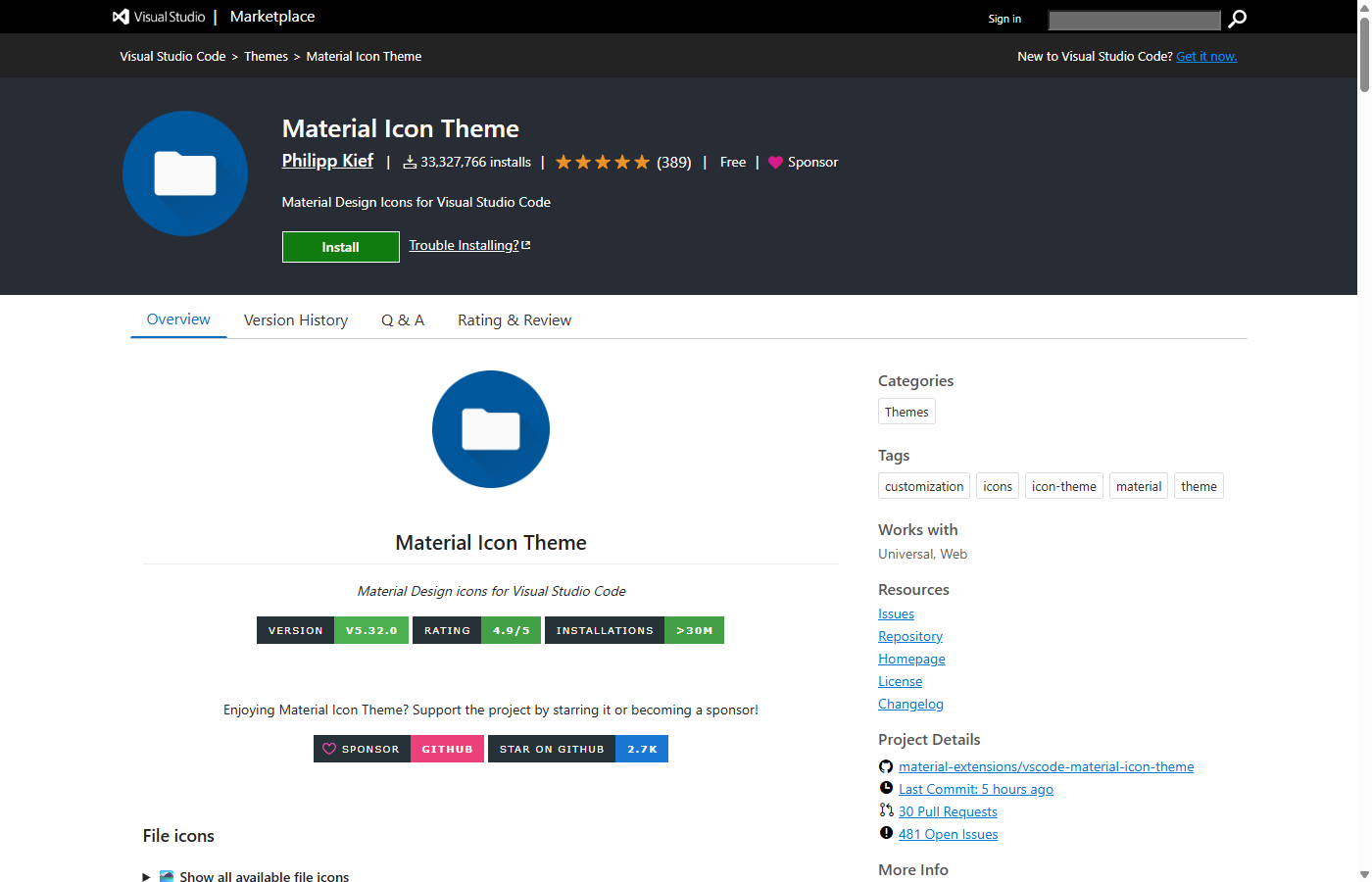 VS Code Material Icon Theme 확장 프로그램 마켓플레이스 화면
