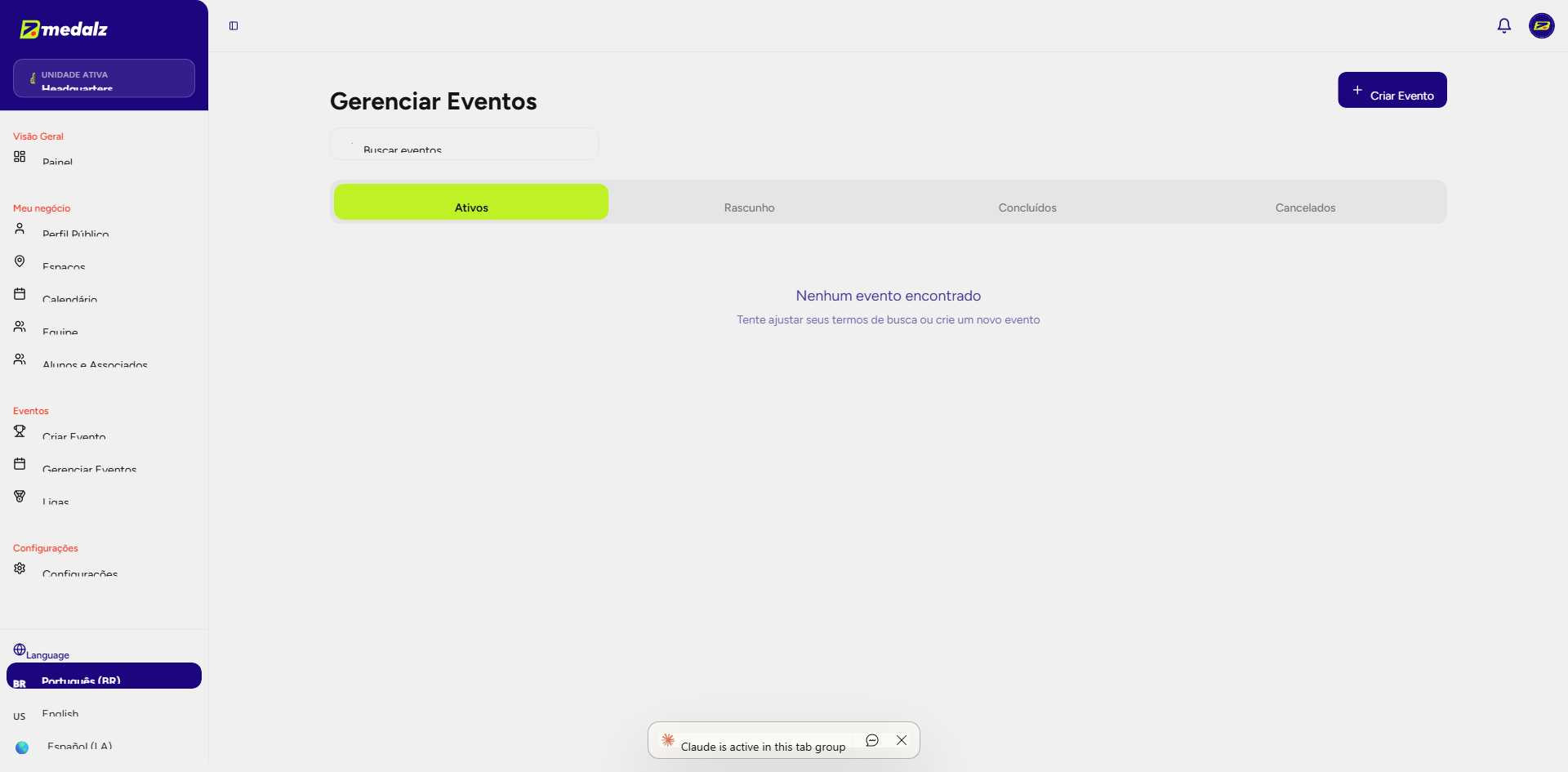 Tela de Gerenciar Eventos