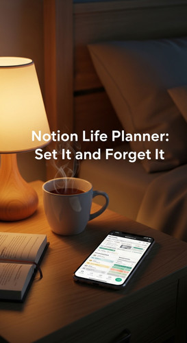 A cozy bedside table with a phone showing a Notion Life Planner overlay text Notion Life Planner Set.jpg