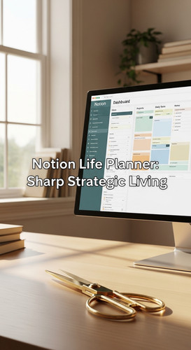 A clean workspace with a gold scissors and a screen showing a Notion Life Planner overlay text Notio.jpg