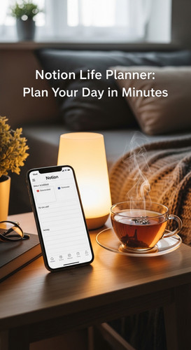 A cozy bedside table with a phone showing a Notion Life Planner overlay text Notion Life Planner Pla.jpg