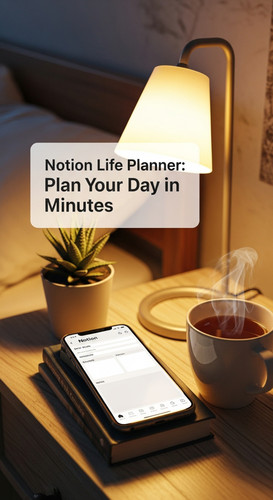 A cozy bedside table with a phone showing a Notion Life Planner overlay text Notion Life Planner Pla.jpg
