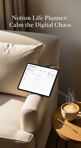 A cozy linen armchair with a tablet displaying a Notion Life Planner coffee and a gold pen nearby ov.jpg