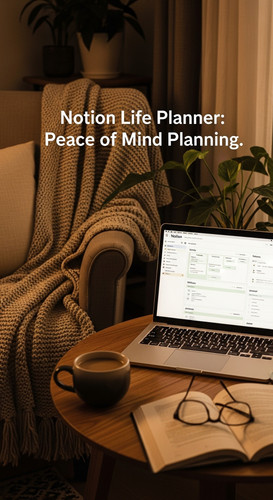 A cozy reading nook with a laptop showing a Notion Life Planner overlay text Notion Life Planner Pea.jpg