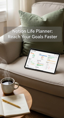 A cozy linen armchair with a tablet showing a Notion Life Planner coffee and a gold pen nearby overl.jpg