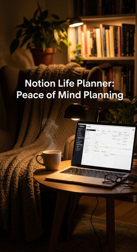 A cozy reading nook with a laptop showing a Notion Life Planner overlay text Notion Life Planner Pea.jpg