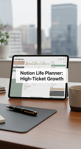 A luxury workspace with a tablet showing a Life Planner overlay text Notion Life Planner HighTicket .jpg