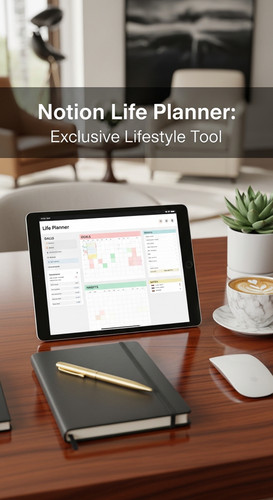 A luxury workspace with a tablet showing a Life Planner overlay text Notion Life Planner Exclusive L.jpg