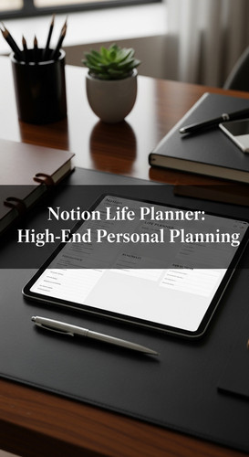 A luxury workspace with a tablet showing a Life Planner overlay text Notion Life Planner HighEnd Per.jpg