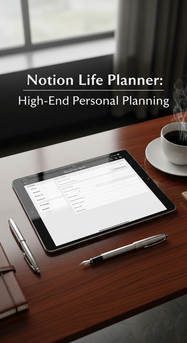 A luxury workspace with a tablet showing a Life Planner overlay text Notion Life Planner HighEnd Per.jpg