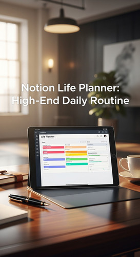 A luxury workspace with a tablet showing a Life Planner overlay text Notion Life Planner HighEnd Dai.jpg