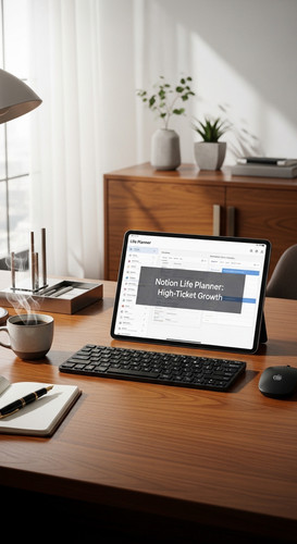 A luxury workspace with a tablet showing a Life Planner overlay text Notion Life Planner HighTicket .jpg