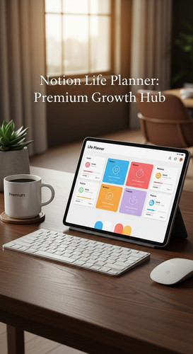 A luxury workspace with a tablet showing a Life Planner overlay text Notion Life Planner Premium Gro.jpg