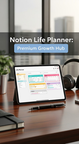 A luxury workspace with a tablet showing a Life Planner overlay text Notion Life Planner Premium Gro.jpg