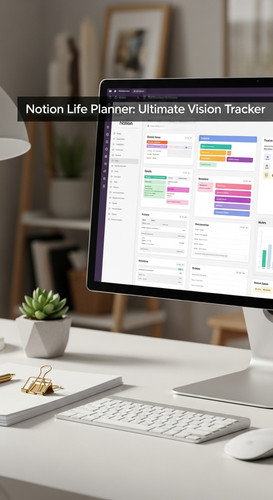 A clean desk with a gold paperclip and a screen showing a Notion Life Planner overlay text Notion Li.jpg